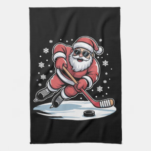 Grappige Kerstman speelt ijshockey Kerstmis Theedoek