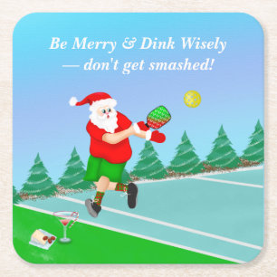 Grappige Kerstman Speelt Pickleball Merry Volley K Vierkante Kartonnen Onderzetter
