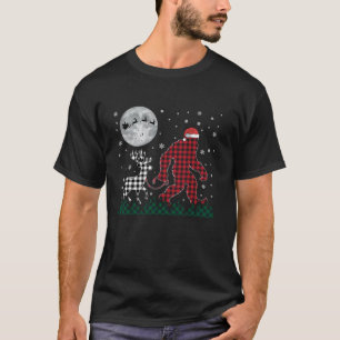 Grappige Kerstmis Bigfoot Rendier Moon Santa Plaid T-shirt