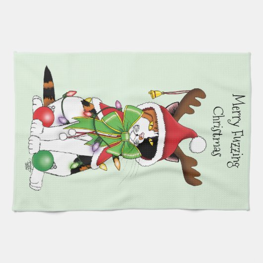 Grappige Kerstmis Calico Kat Theedoek (Horizontaal)