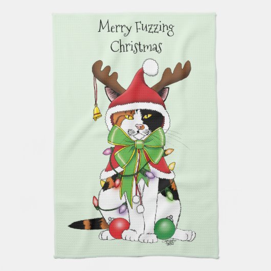 Grappige Kerstmis Calico Kat Theedoek (Verticaal)