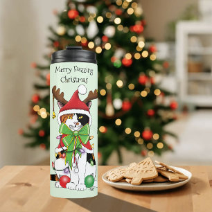 Grappige Kerstmis Calico Kat Thermosbeker