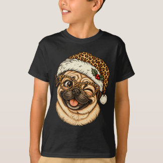 Grappige Kerstmis Pug Met Luipaard Kerstman Hoed S T-shirt