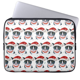 Grappige Kerstmis Zwart en Wit Kat Waterverf Laptop Sleeve