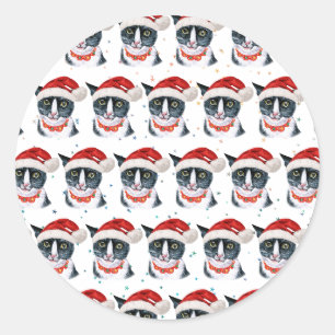 Grappige Kerstmis Zwart en Wit Kat Waterverf Ronde Sticker