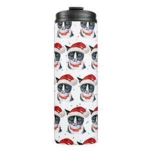 Grappige Kerstmis Zwart en Wit Kat Waterverf Thermosbeker