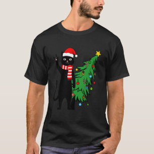 Grappige Kerstmis Zwarte Kat Sinterklaas Hoed Kers T-shirt