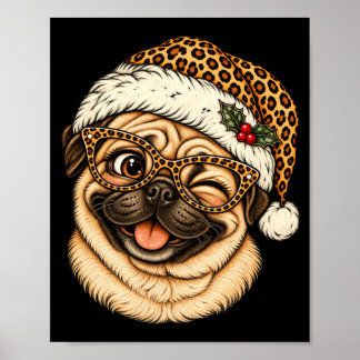 Grappige Kerstmops Met Luipaard Kerstmanhoed Cute Poster