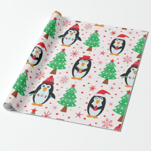 Grappige Kerstpinguïns met vakantiebomen Cadeaupapier