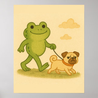 Grappige kikker die zijn hond uitlaat poster