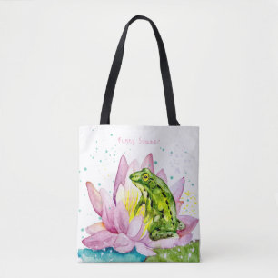 Grappige kikker op een lotus draagtas