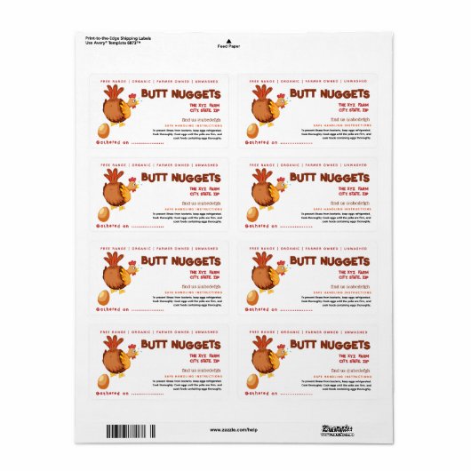 Grappige Kip Butt Nuggets Ei Karton Label (Full Sheet)