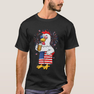 Grappige Kip Drinkt Bier Amerikaanse Vlag 4 juli T-shirt