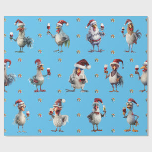 Grappige Kip Kerstmis Vakantie Wijn Party Blauw Cadeaupapier