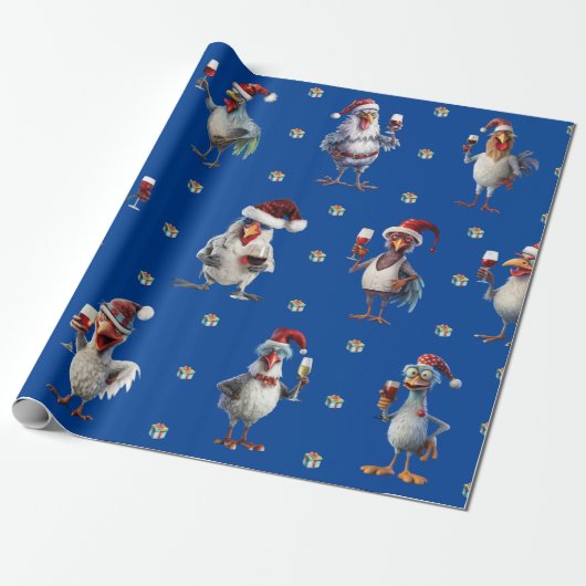Grappige Kip Kerstmis Vakantie Wijn Party Blauw Cadeaupapier (Uitgerold)
