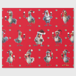 Grappige Kip Kerstmis Vakantie Wijn Party Rood Cadeaupapier