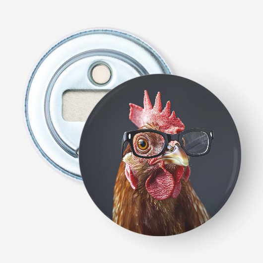 Grappige Kip met Bril Button Flesopener (Voorkant)