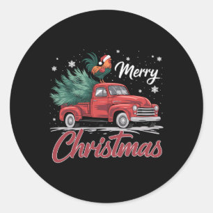 Grappige kip op rode vrachtwagen kerstboom Kerstmi Ronde Sticker