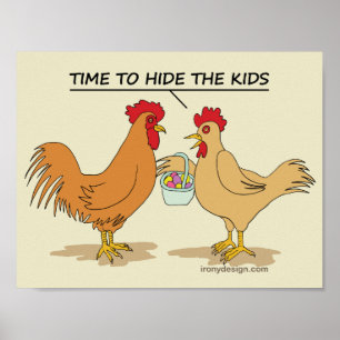 Grappige Kippen Pasen Eierenjacht Cartoon Poster