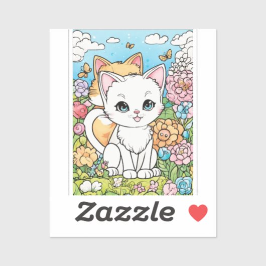 Grappige kitten en vos in bloemenweide sticker (Vel)