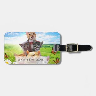 Grappige kittens in het groene veld. bagagelabel