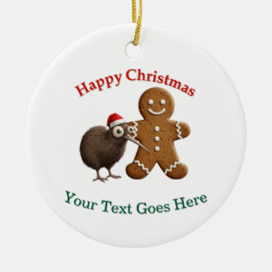 Grappige Kiwi vogel in kerstmuts en Gingermanspop Keramisch Ornament