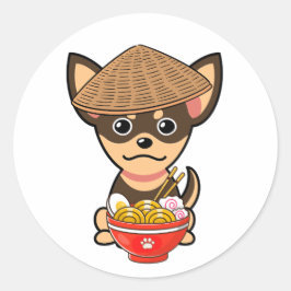 Grappige kleine hond eet noedels ronde sticker