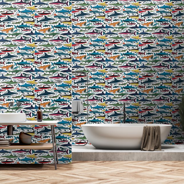 Grappige kleurrijke haai Abstract Behang (Badkamer)
