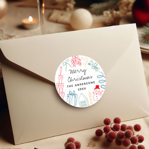 Grappige Kleurrijke Kerst Handgetekende Doodle  Ronde Sticker