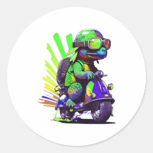 Grappige kleurrijke schildpad op een scooter kopie ronde sticker