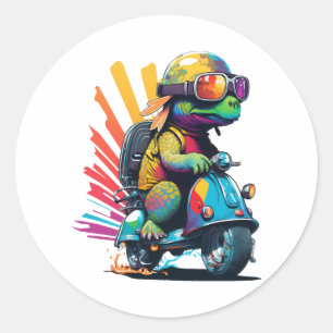 Grappige kleurrijke schildpad op een scooter ronde sticker
