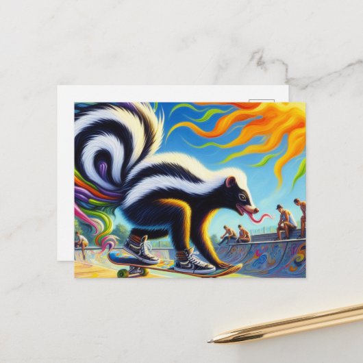 Grappige Kleurrijke Skunk Skateboarden Lange Tong Briefkaart (Voorkant / Achterkant in situ)