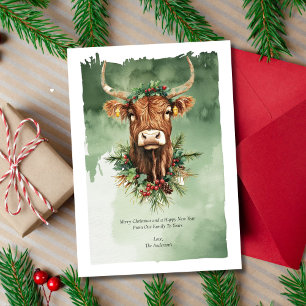 Grappige Koe Cute Waterverf Kerstmis Feestdagenkaart