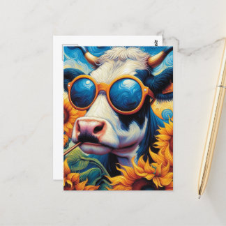 Grappige koe met zonnebril in een zonnebloemenveld briefkaart