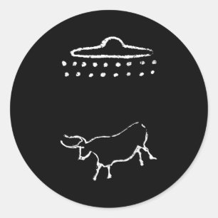 Grappige Koe of Steer Ufo Alien Oude Grotschilderi Ronde Sticker