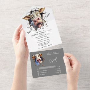 Grappige koe verrassingsfeestboeren boerderijdiere all in one uitnodiging