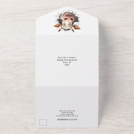 Grappige koe verrassingsfeestje pensioen afstudere all in one uitnodiging (Buitenkant)