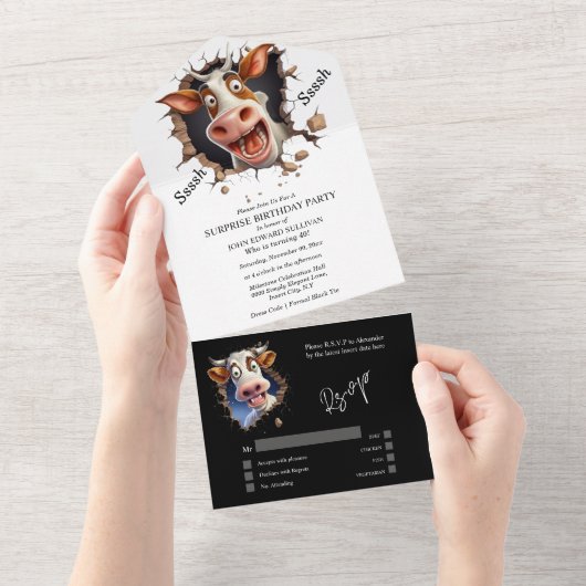 Grappige koe verrassingsfeestje pensioen afstudere all in one uitnodiging (Afscheurbaar)