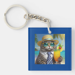 Grappige koele kat en tropische Drink Sleutelhanger