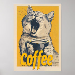 Grappige koffiekatillustratie – gapende kat koffie poster