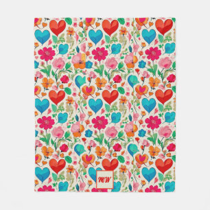 Grappige kokette, harten en bloemen monogram fleece deken