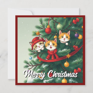 Grappige komische grillige kat vrolijke kerstboom feestdagenkaart