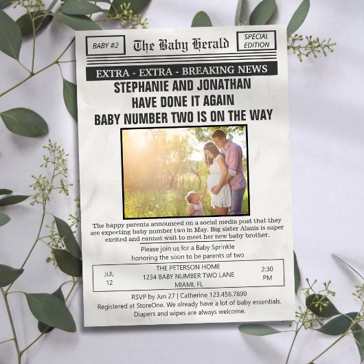 Grappige krant Foto 2e Baby Sprinkle Kaart