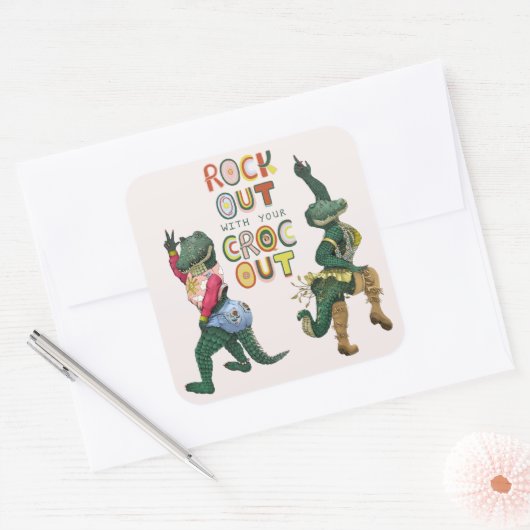 Grappige Krokodil Pun Rock Out Met Uw Croc Out Vierkante Sticker (Envelop)