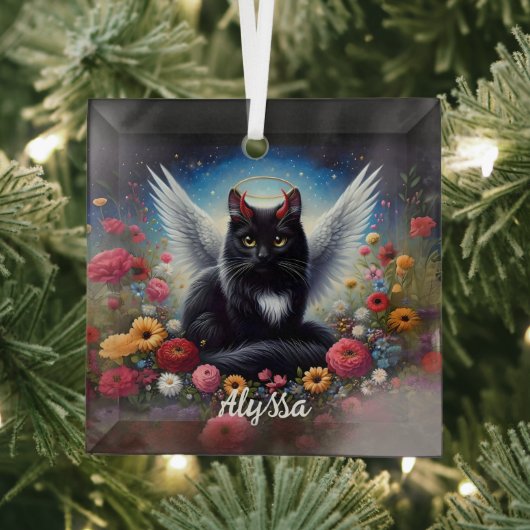 Grappige Lange Haired Black Demon en Angel Cat Glas Ornament (Insitu)