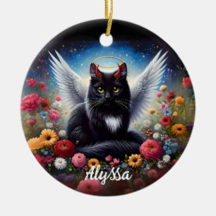 Grappige Lange Haired Black Demon en Angel Cat Keramisch Ornament