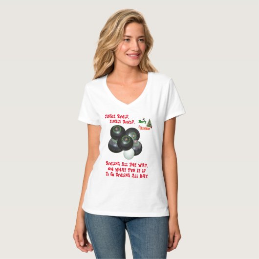 Grappige Lawn Bowls Kerstmis, Dames Vneck Tshirt (Voorkant volledig)