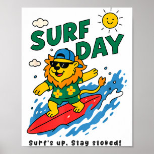 Grappige Leeuw Surft Zomer Vakantie Surf Dag Jonge Poster