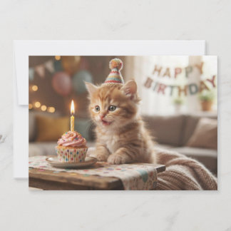 Grappige lieve kitten met een cupcake. Gefelicitee Feestdagenkaart