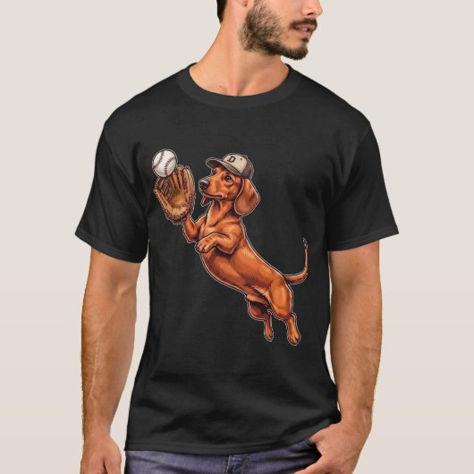 Grappige lieve takshond speelt honkbal hond vangt t-shirt (Voorkant)